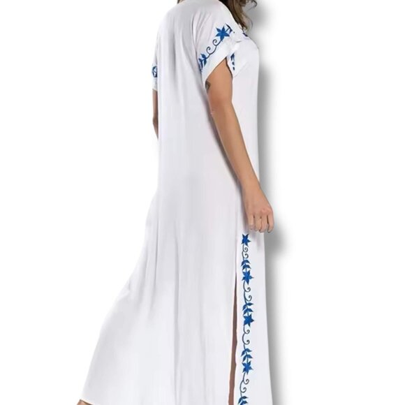 V Neck White Blue Embroidery Side Split Long Kaftan Dress Cover Ups - Picture 2 of 4